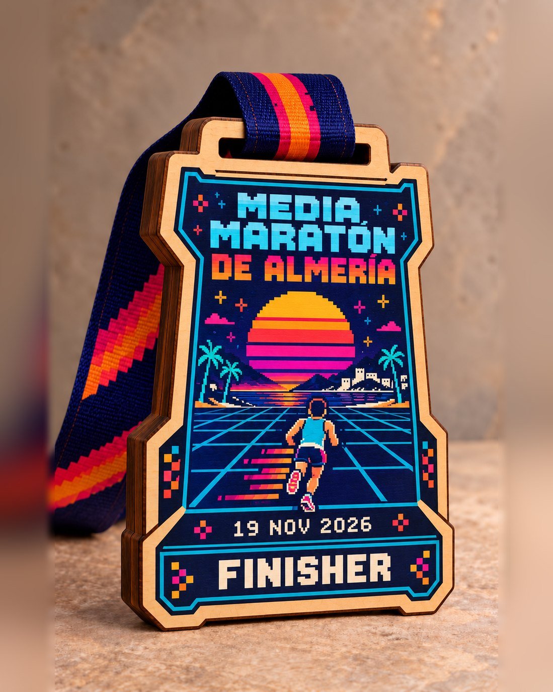 Medalla de madera estilo arcade pixel art: corredor hacia un atardecer retro con palmeras, Media Maratón de Almería