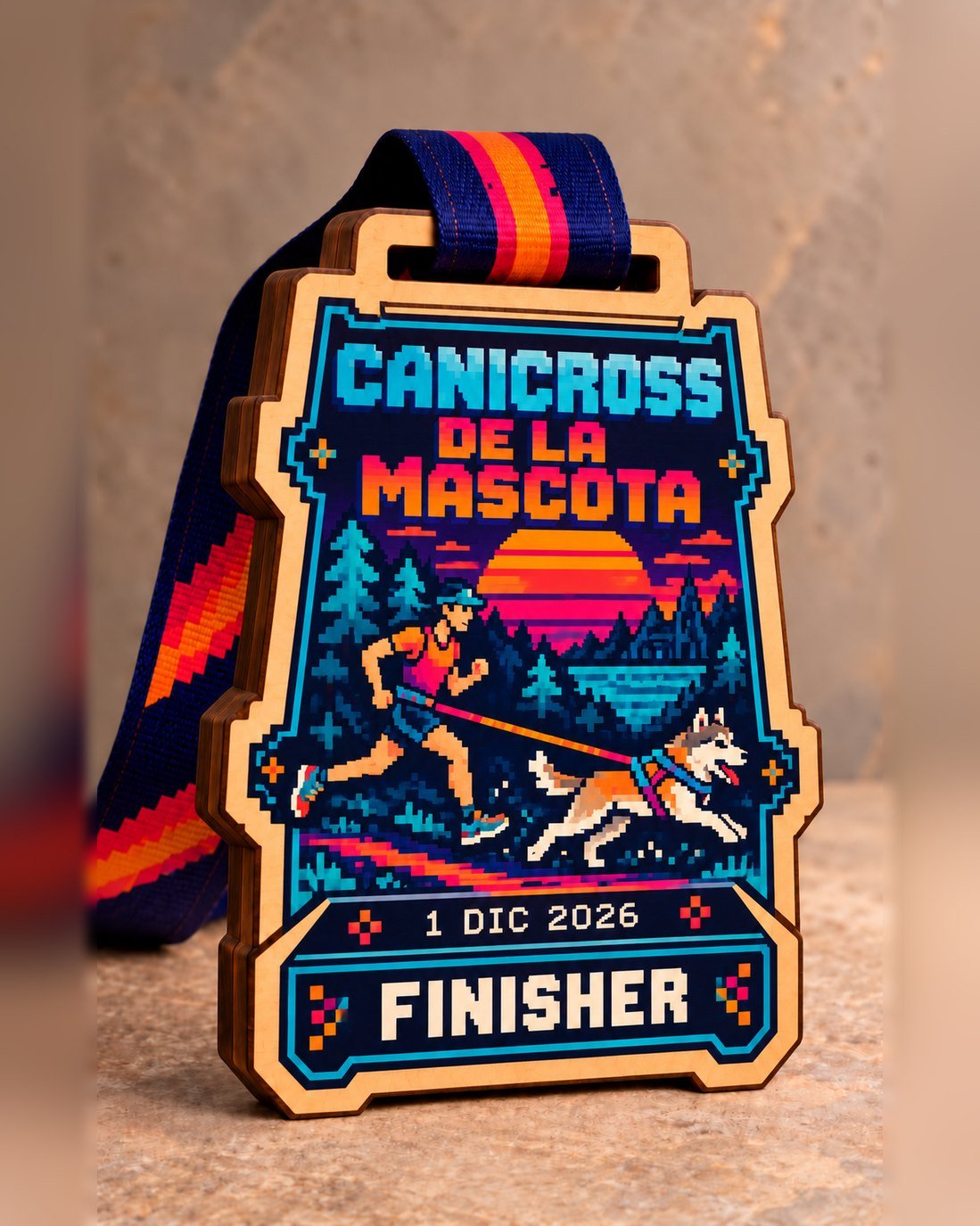 Medalla de madera pixel art con corredor y perro husky en el bosque, Canicross de la Mascota