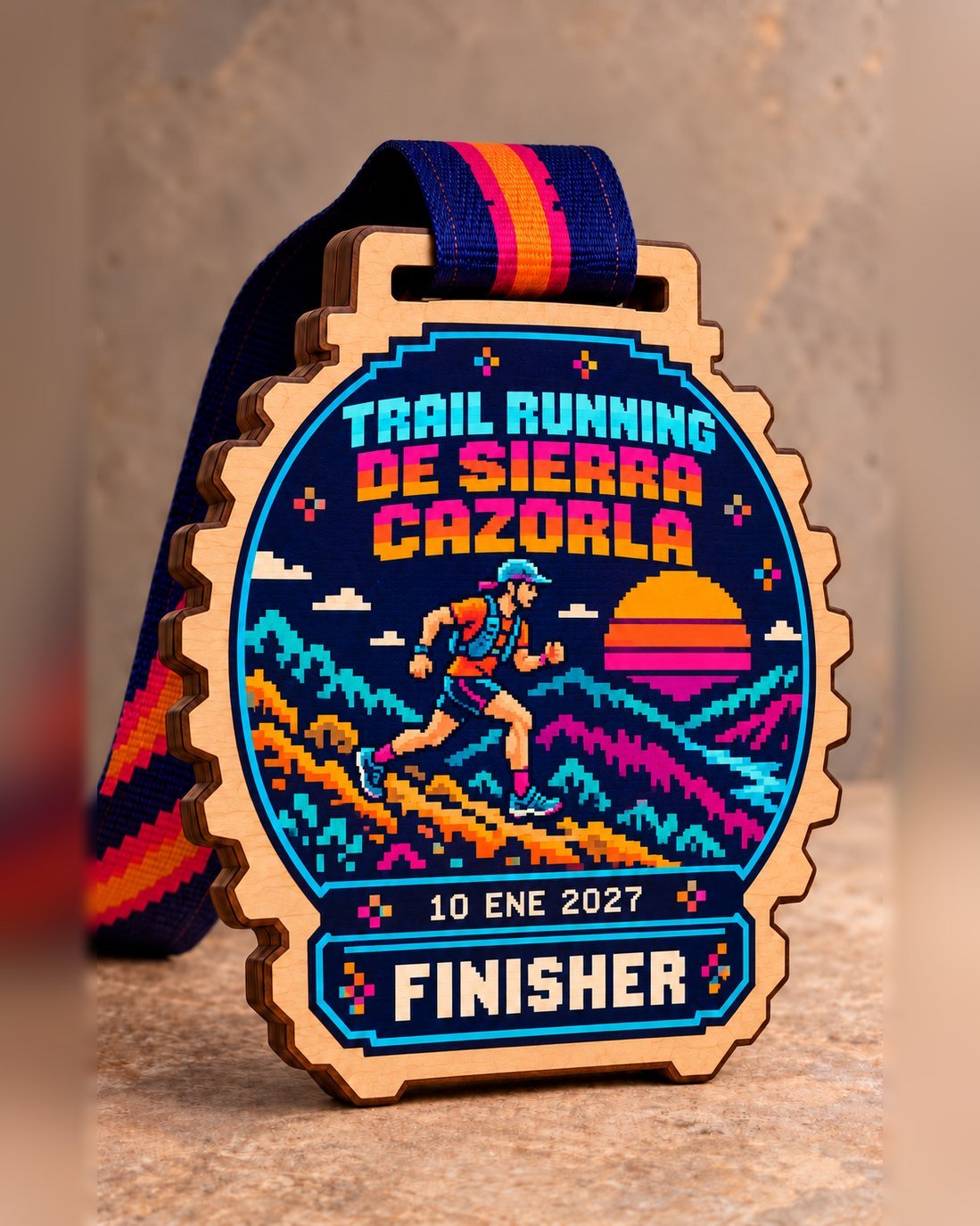 Medalla de madera con borde dentado y pixel art de corredor de montaña al atardecer, Trail Running Sierra Cazorla