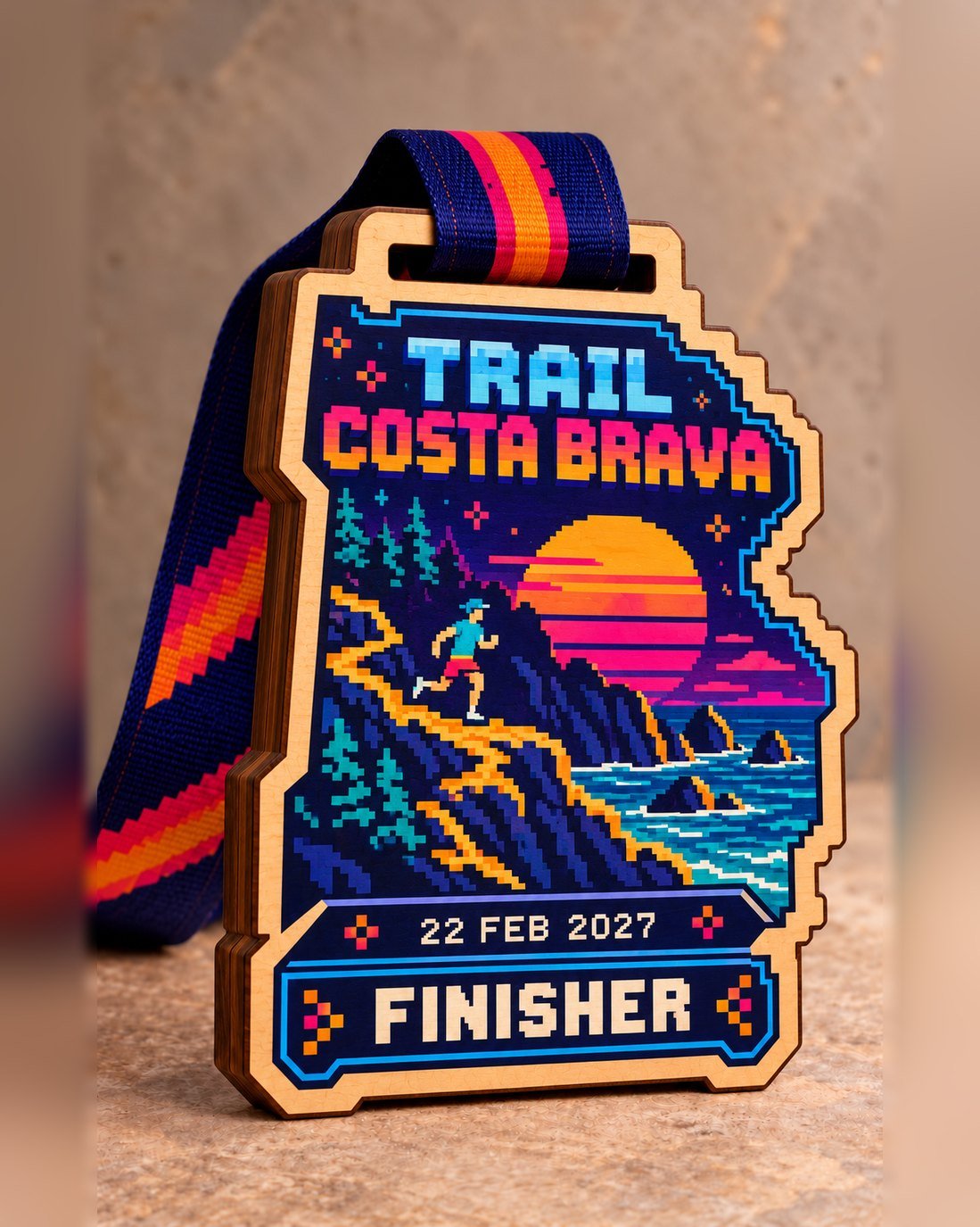 Medalla de madera pixel art con corredor por acantilados junto al mar, Trail Costa Brava