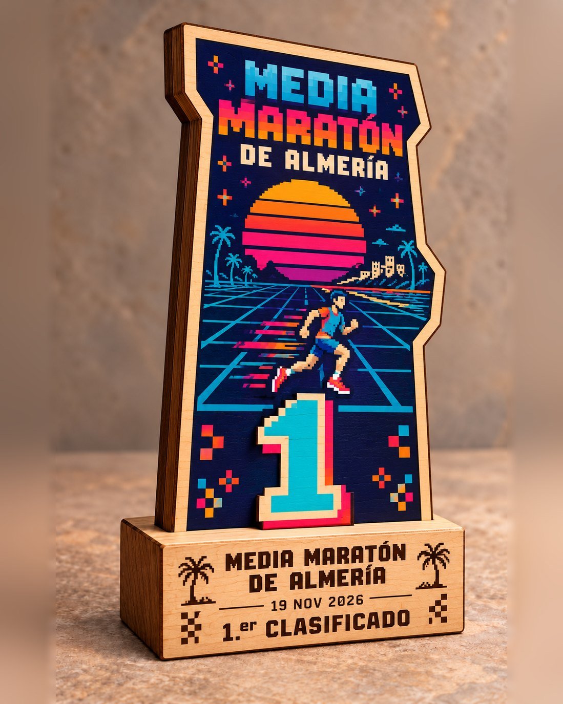 Trofeo de madera estilo arcade con corredor pixel art y número 1 sobre peana premium grabada, Media Maratón de Almería