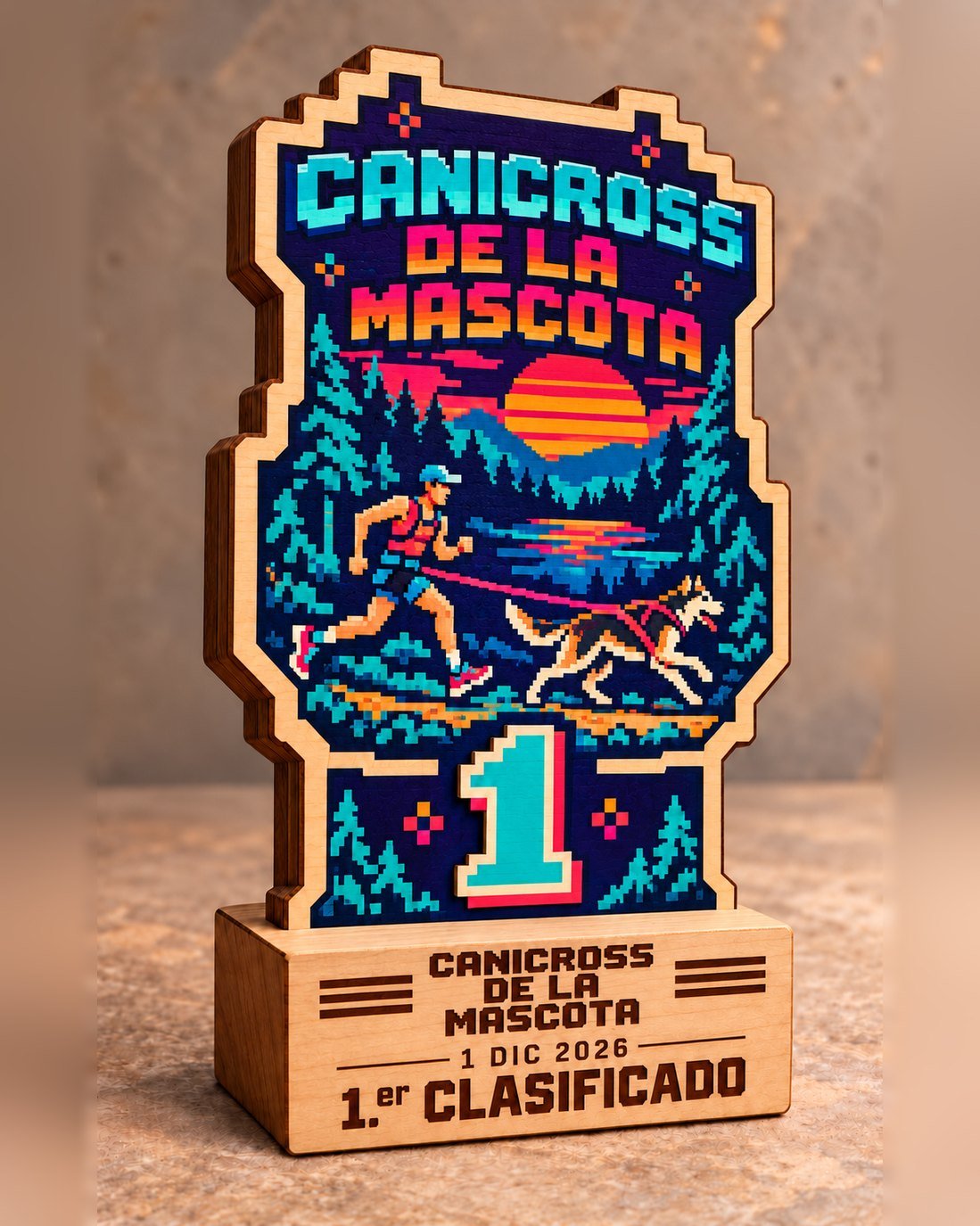 Trofeo de madera pixel art con corredor y perro en el bosque y número 1 sobre peana premium, Canicross de la Mascota