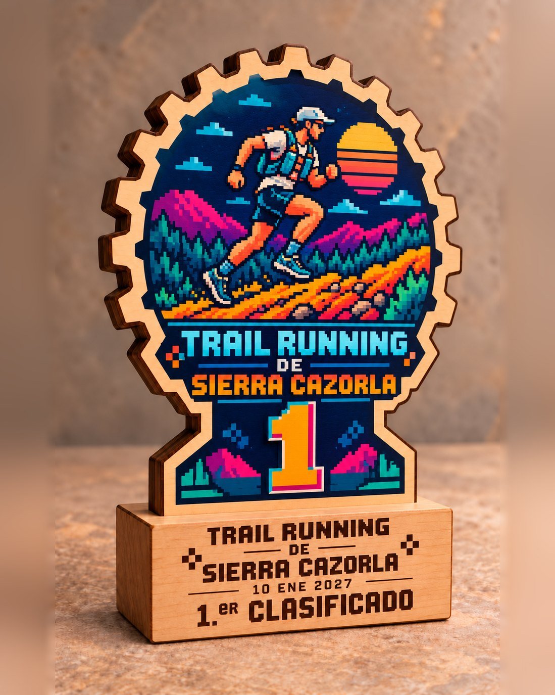 Trofeo de madera con forma de engranaje, corredor de montaña pixel art y número 1 sobre peana premium, Sierra Cazorla