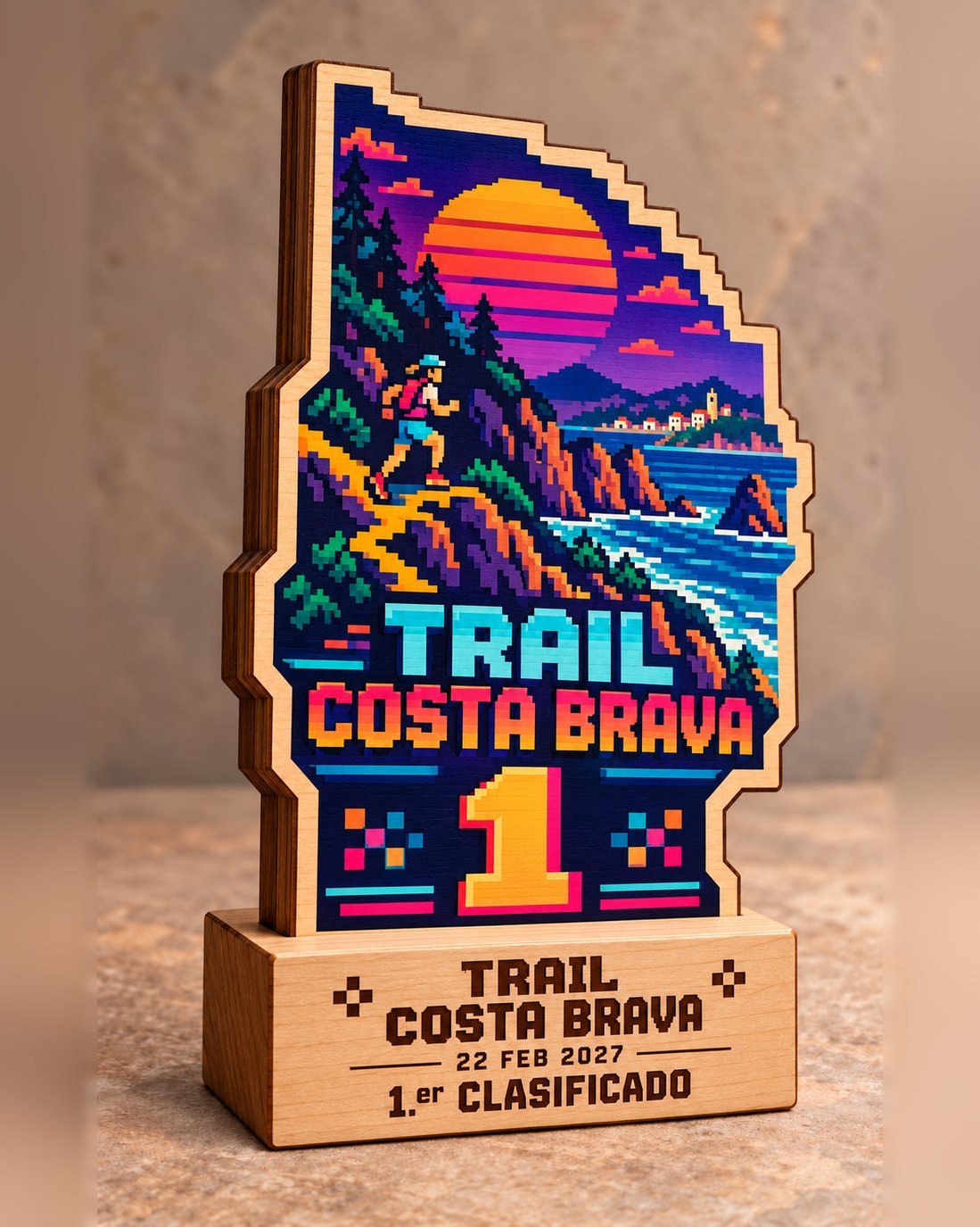 Trofeo de madera pixel art con acantilados, mar y número 1 sobre peana premium, Trail Costa Brava