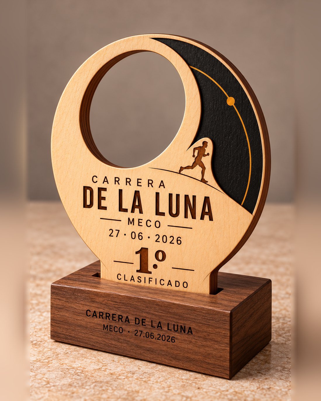 Trofeo de madera natural con aro calado, media luna negra y corredor grabado sobre peana de madera, Carrera de la Luna