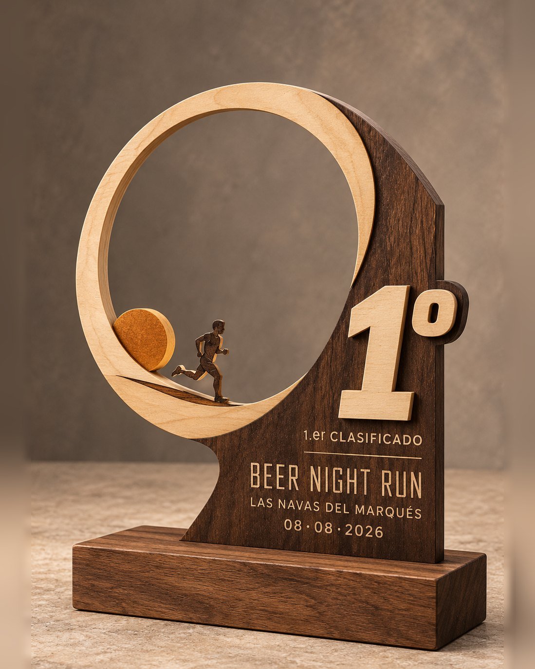 Trofeo de madera bicolor con aro, luna naranja, corredor recortado y número 1 en relieve sobre peana premium, Beer Night Run