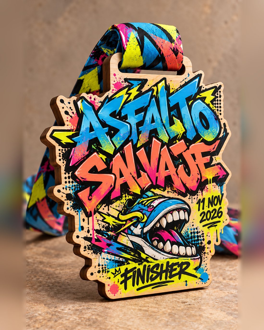 Medalla de madera troquelada con grafiti a todo color: Asfalto Salvaje