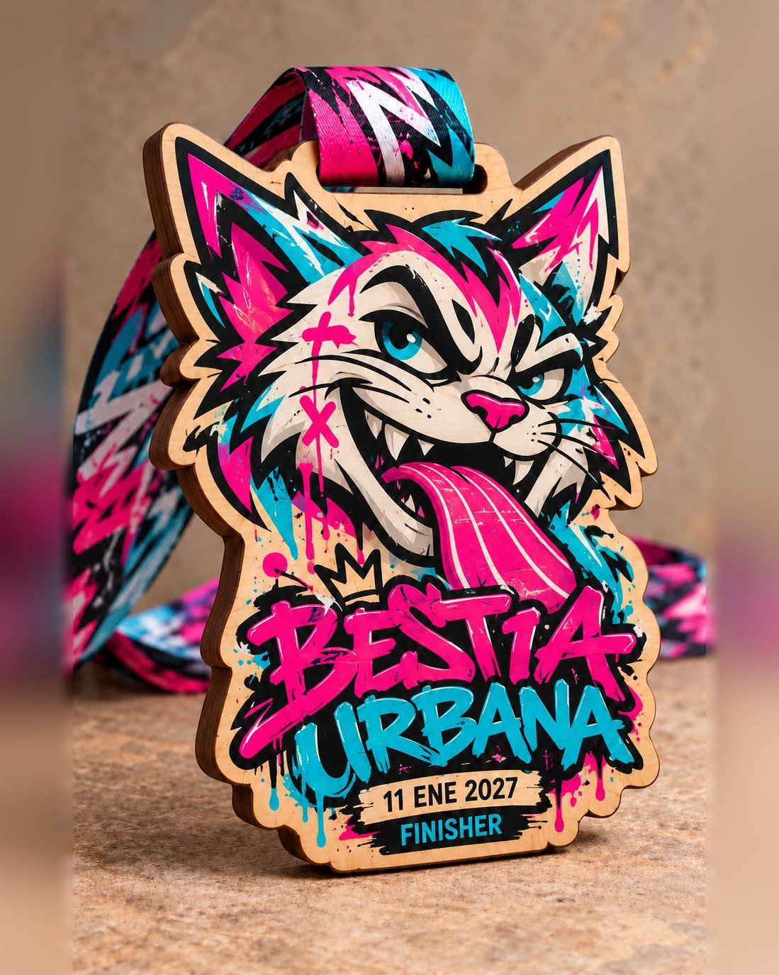 Medalla de madera con forma de gato grafiti rosa y turquesa