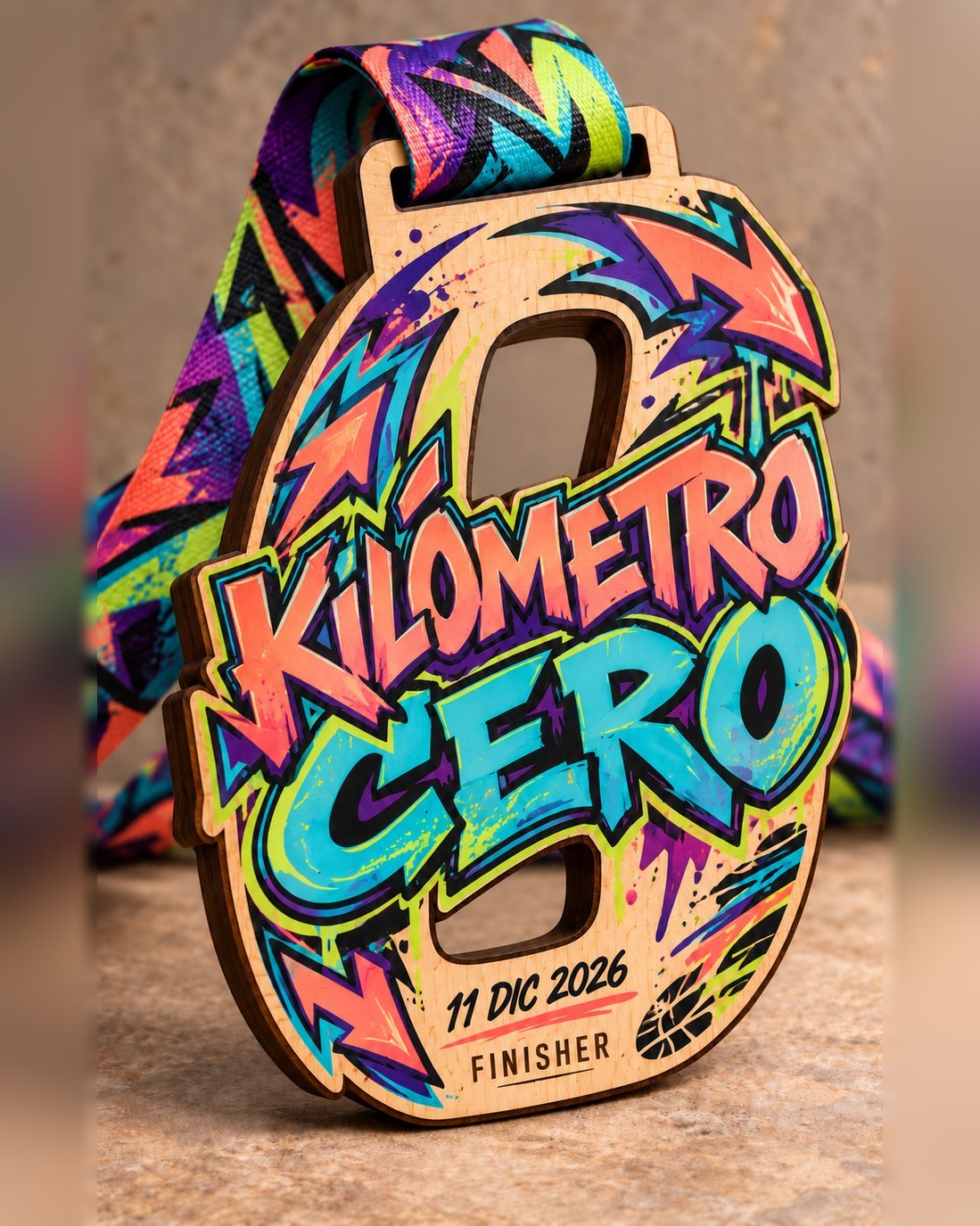 Medalla de madera calada con forma de cero y letras grafiti a todo color