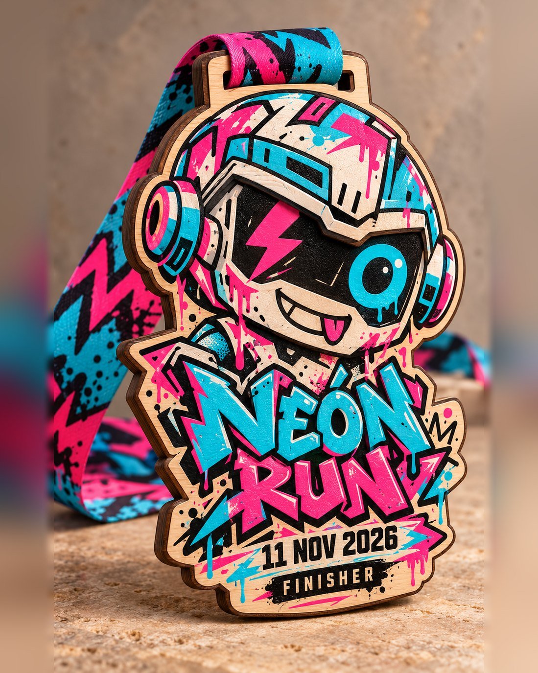 Medalla de madera grafiti con robot de casco y letras neón rosa y turquesa, Neón Run