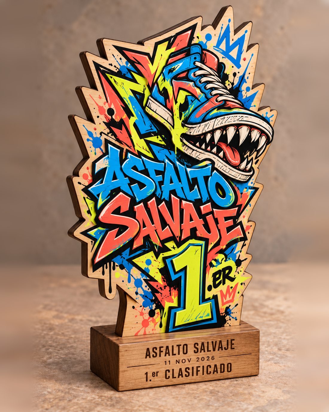 Trofeo de madera grafiti con zapatilla y número 1 sobre peana premium