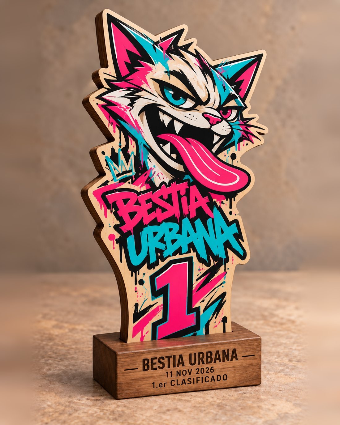 Trofeo de madera con gato grafiti y número 1 sobre peana premium