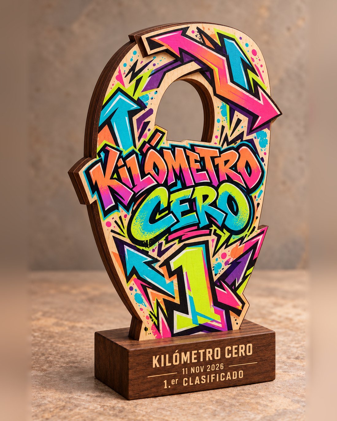 Trofeo de madera calado con flechas grafiti neón y número 1 sobre peana premium, Kilómetro Cero