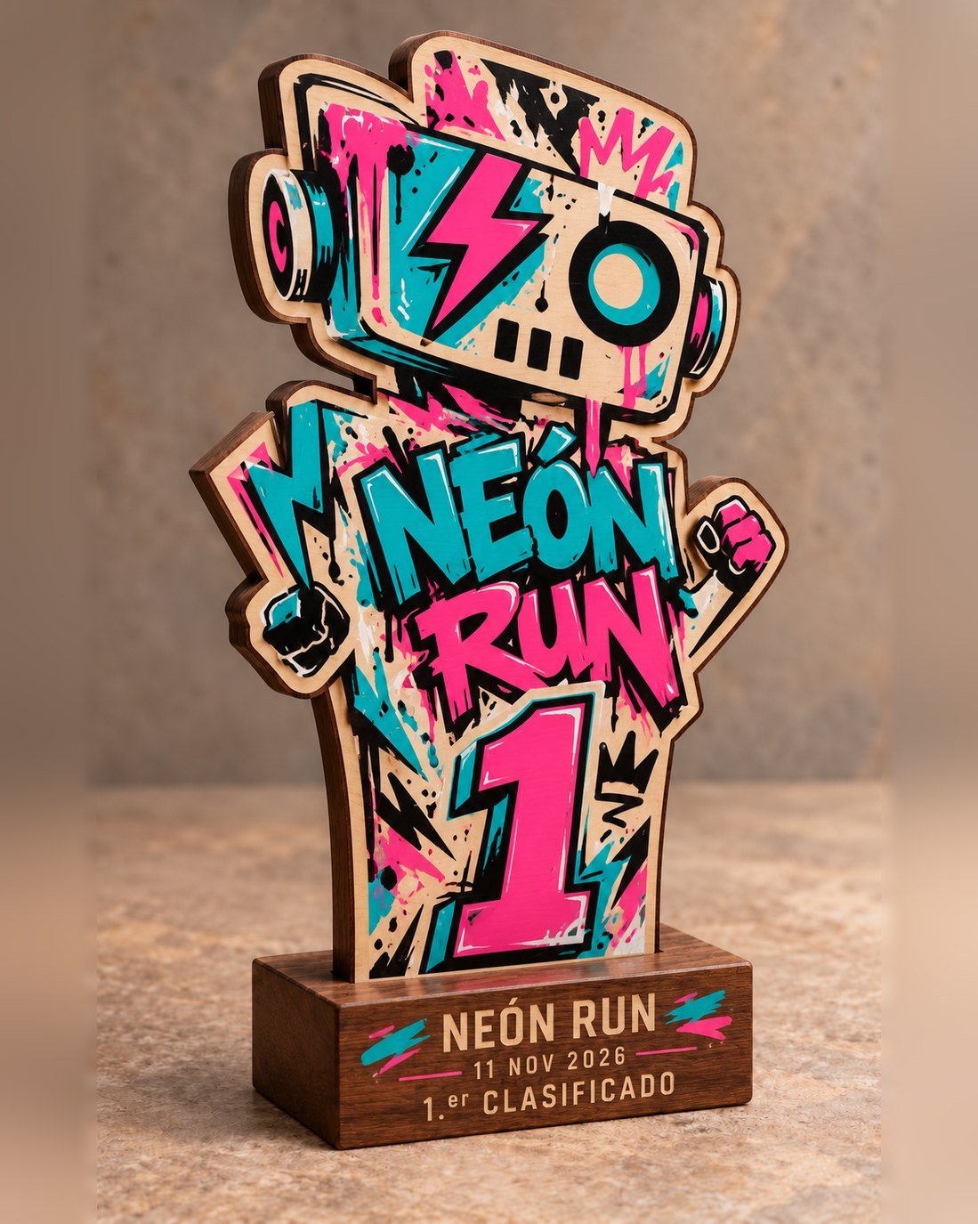 Trofeo de madera grafiti con robot y número 1 rosa sobre peana premium, Neón Run