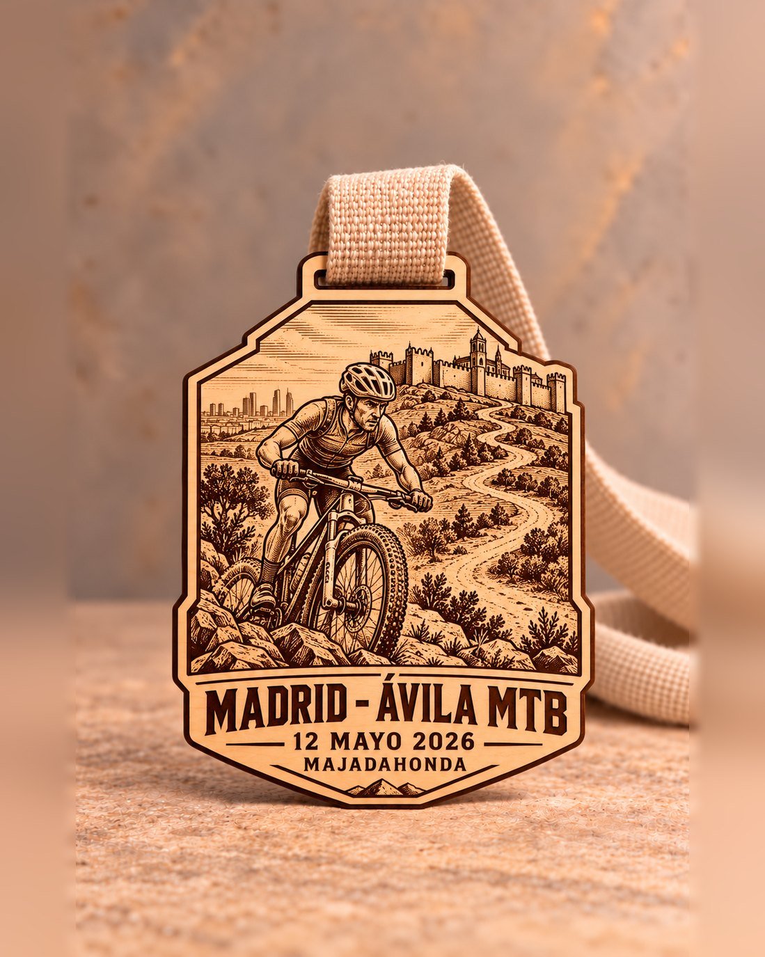 Medalla de madera grabada a láser con ciclista, murallas de Ávila y skyline de Madrid, Madrid–Ávila MTB