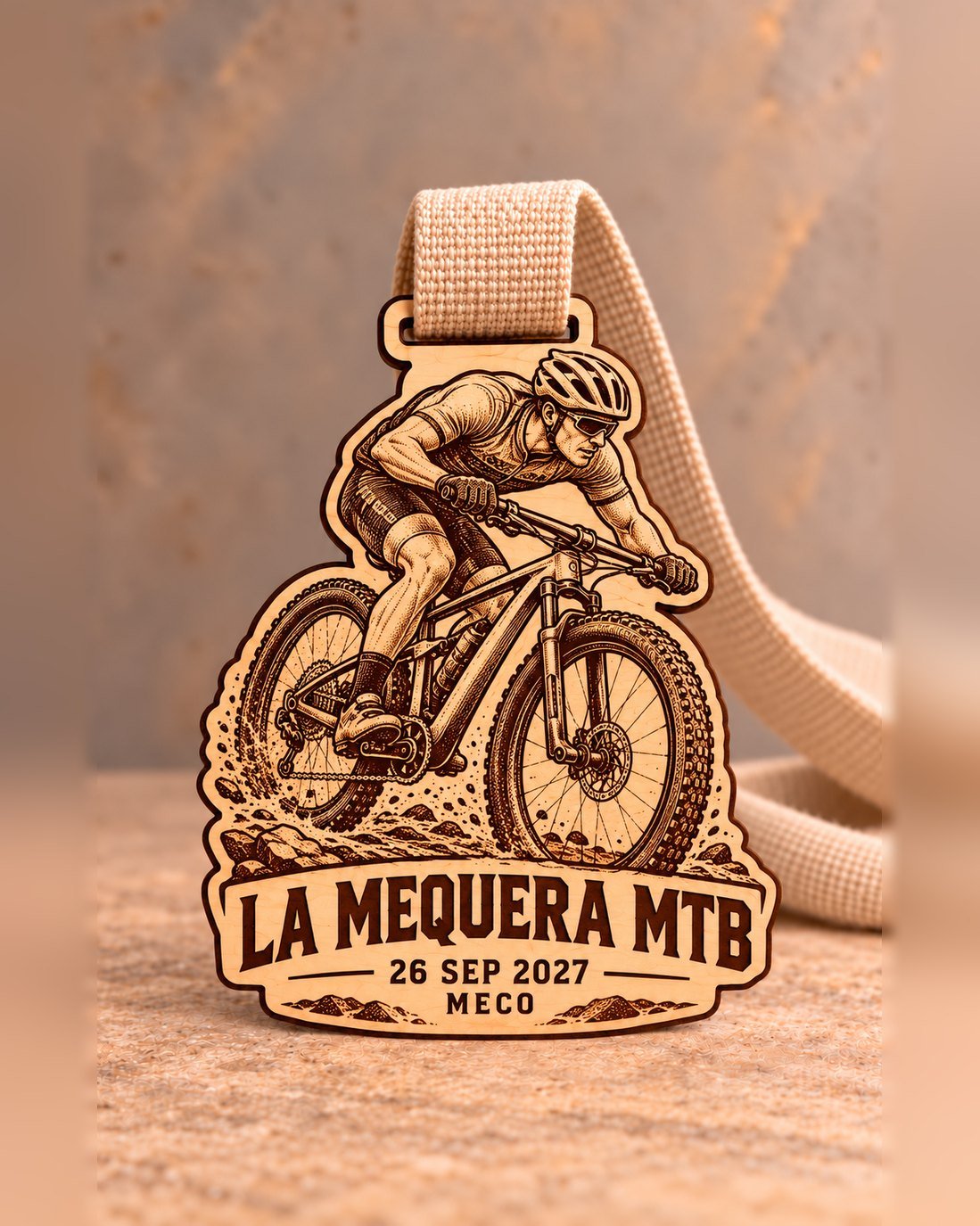 Medalla de madera grabada a láser con ciclista de MTB levantando tierra, La Mequera MTB