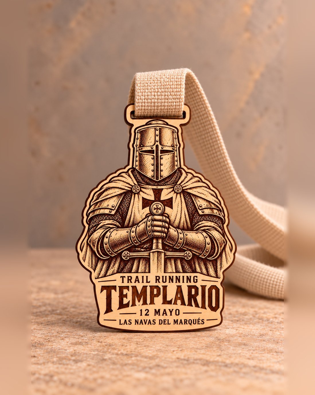 Medalla de madera natural grabada a láser con un caballero templario, Trail Running Templario