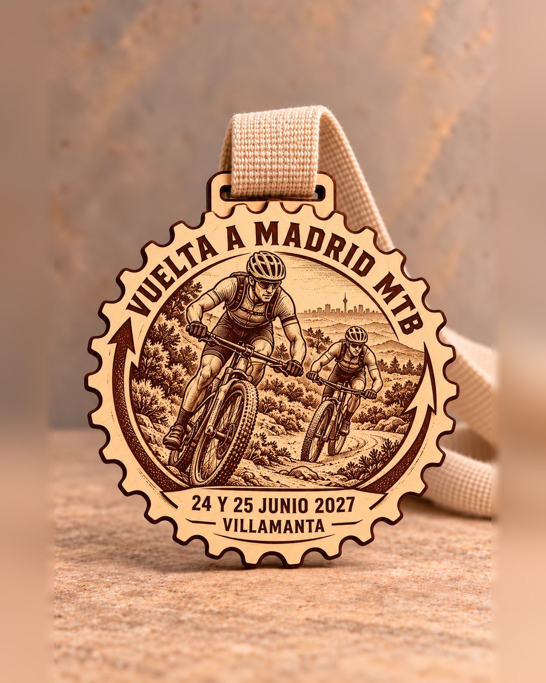 Medalla de madera con forma de plato de bicicleta grabada a láser con dos ciclistas, Vuelta a Madrid MTB