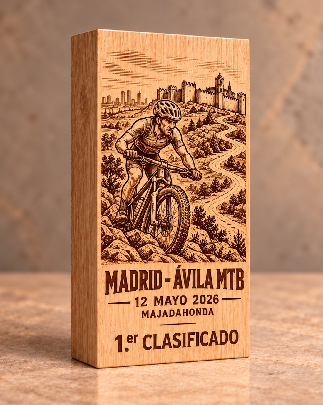 Trofeo de bloque de madera maciza grabado a láser con ciclista y murallas de Ávila, Madrid–Ávila MTB