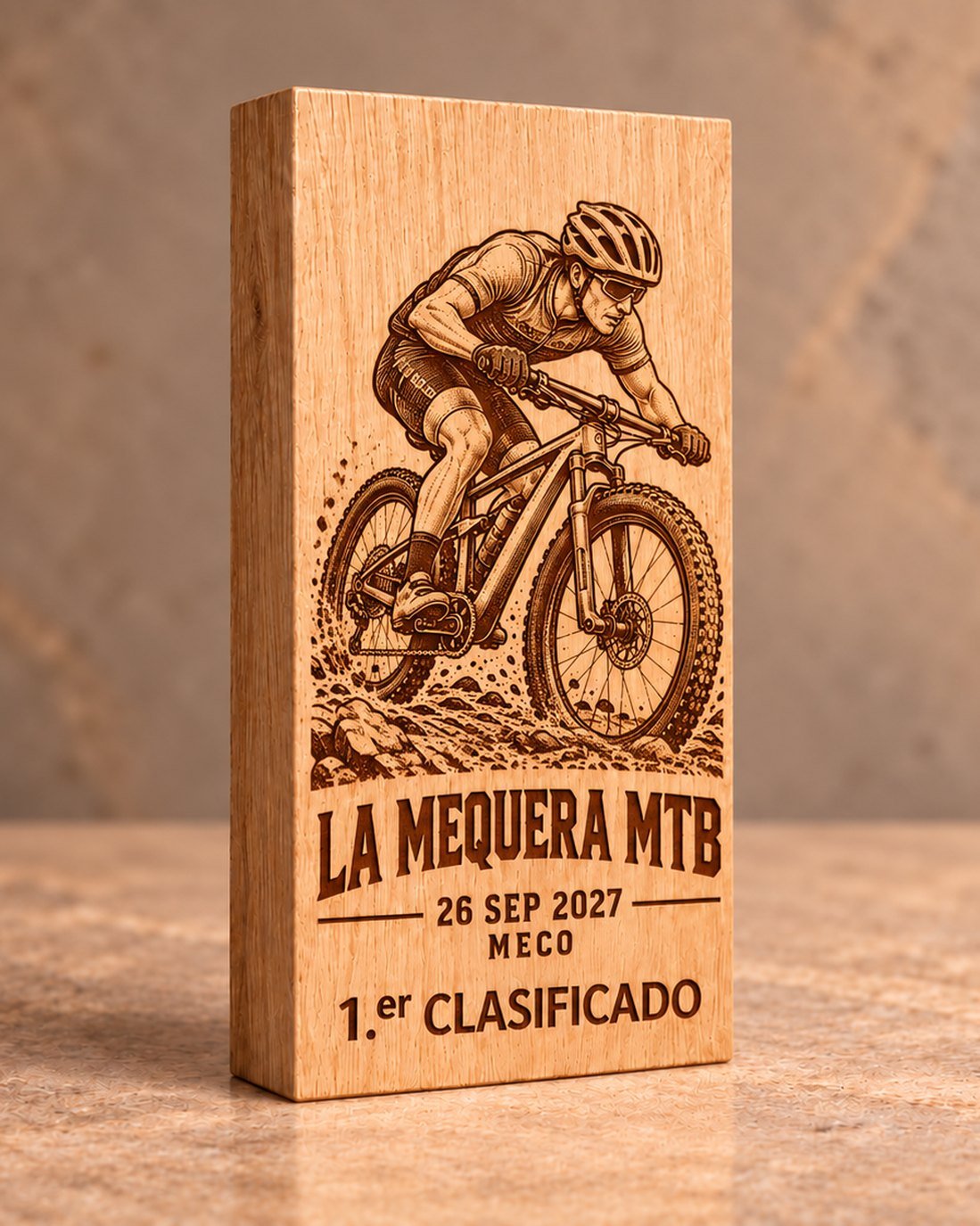 Trofeo de bloque de madera maciza grabado a láser con ciclista de MTB, La Mequera MTB