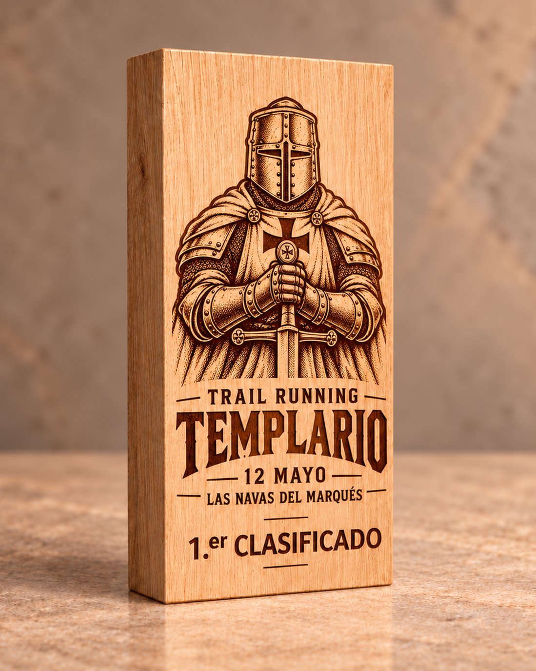Trofeo de bloque de madera maciza grabado a láser con caballero templario, 1.er clasificado