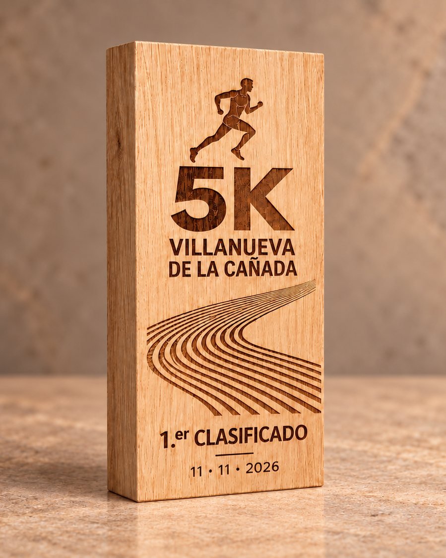 Trofeo de bloque de roble con corredor y pista grabados a láser, 5K Villanueva de la Cañada