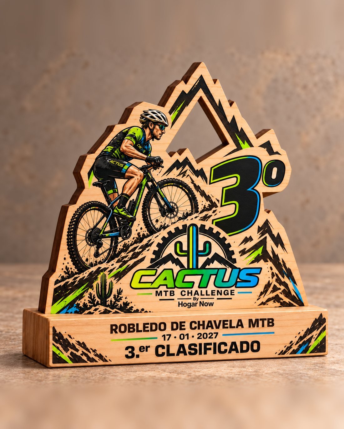 Trofeo de madera con ciclista de montaña a todo color y número 3, Cactus MTB Challenge