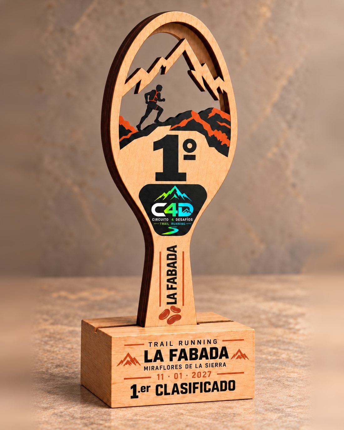 Trofeo de madera con forma de cucharón, montaña troquelada y logo del Circuito 4 Desafíos
