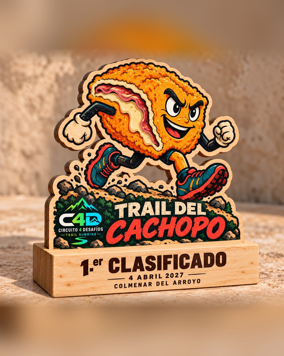 Trofeo de madera con un cachopo corriendo a todo color sobre peana grabada, Trail del Cachopo