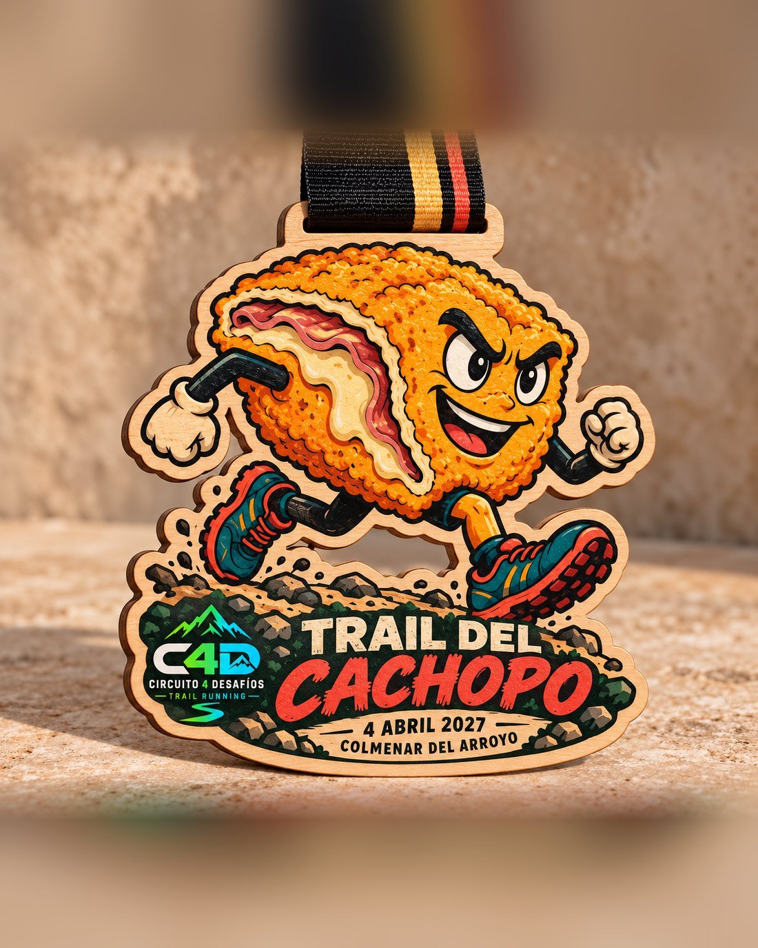 Medalla de madera troquelada con un cachopo corriendo a todo color, Trail del Cachopo, logo del Circuito 4 Desafíos