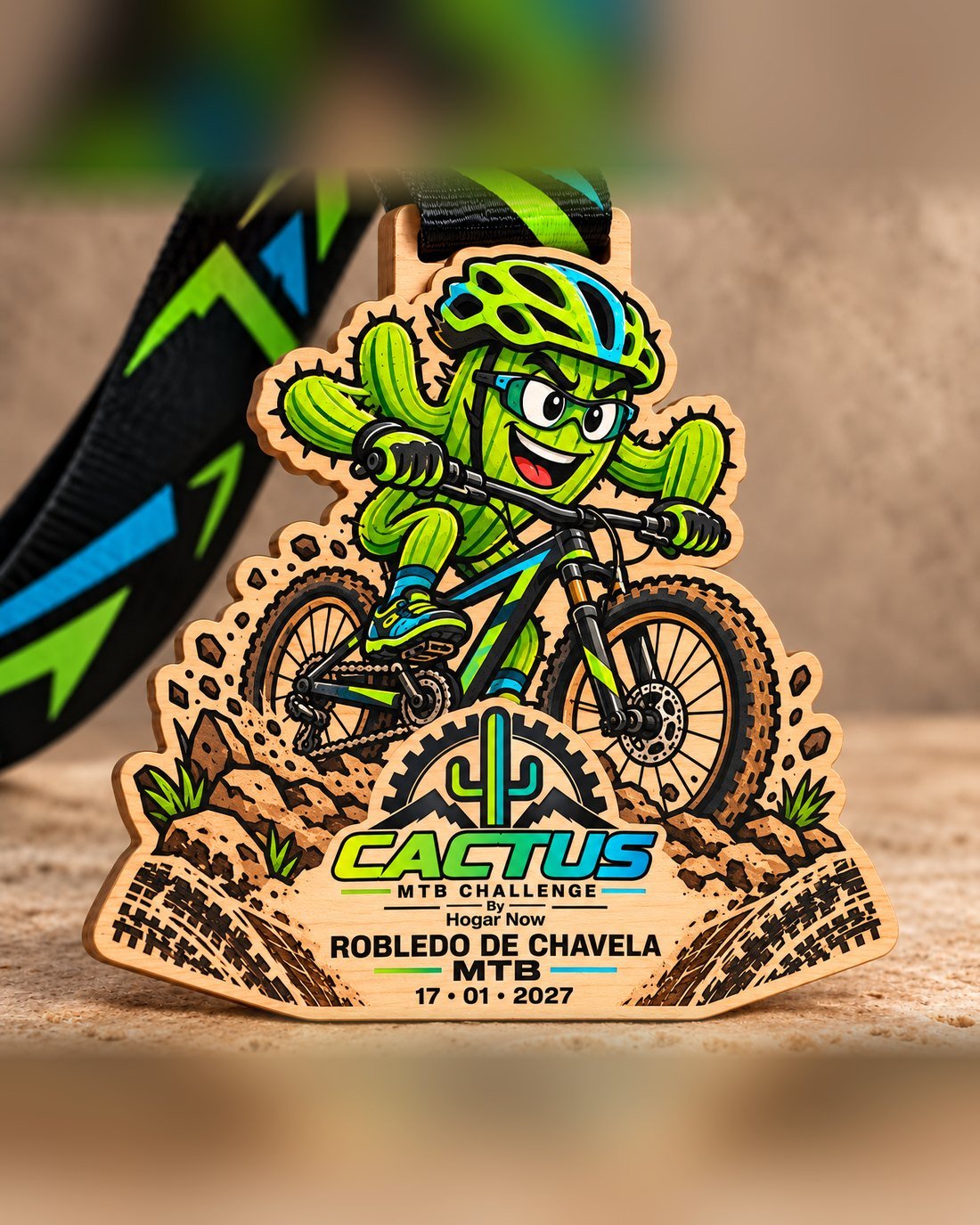 Medalla de madera troquelada con un cactus ciclista de MTB a todo color, Cactus MTB Challenge by Hogar Now, Robledo de Chavela