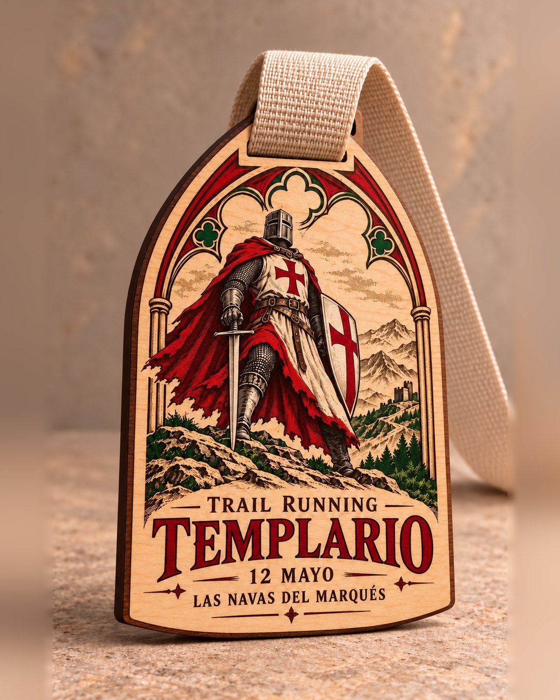 Medalla de madera con arco gótico y caballero templario a todo color, Trail Running Templario