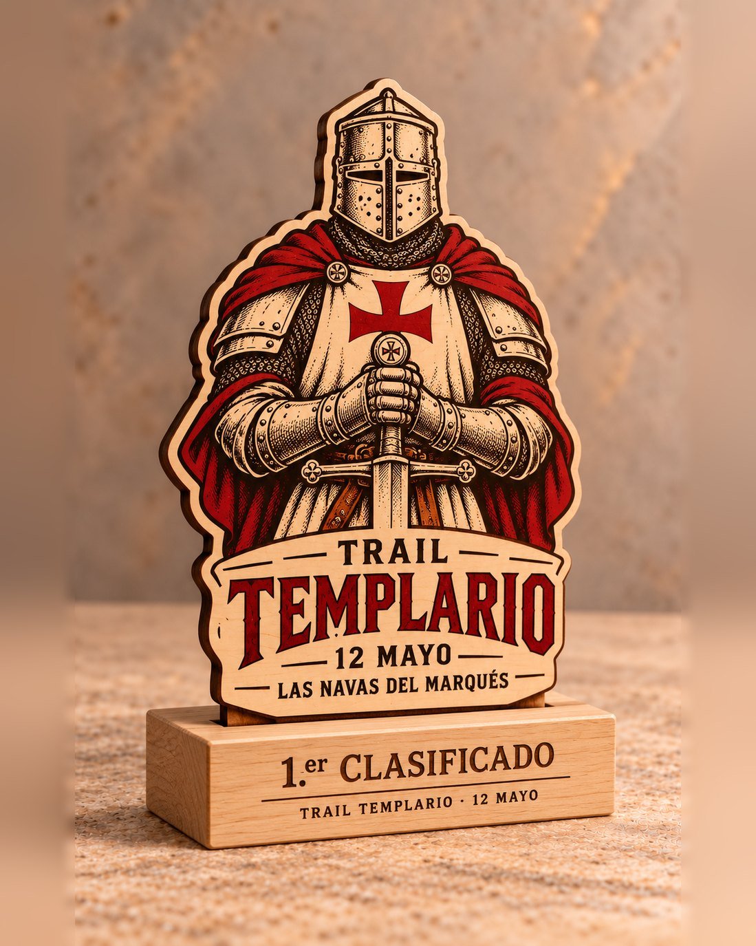 Trofeo de madera con caballero templario a todo color sobre peana de madera grabada